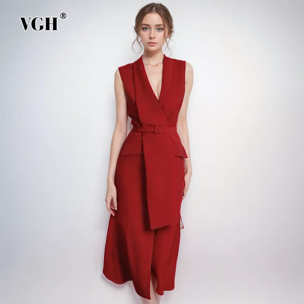 

VGH Elegant Patchwork Belt Solid Dresses For Women V Neck Sleeveless High Waist Temperament Slimming Dress Female Fashion New