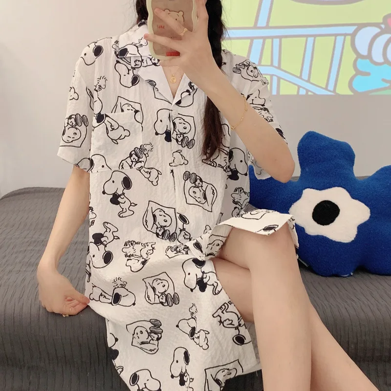 2024 Snoopy Nightgowns for Women Summer Long Shirt Sleepwear Cute Girls Pajamas Thin Home Costumes Pjs Casual T-shirt Gifts