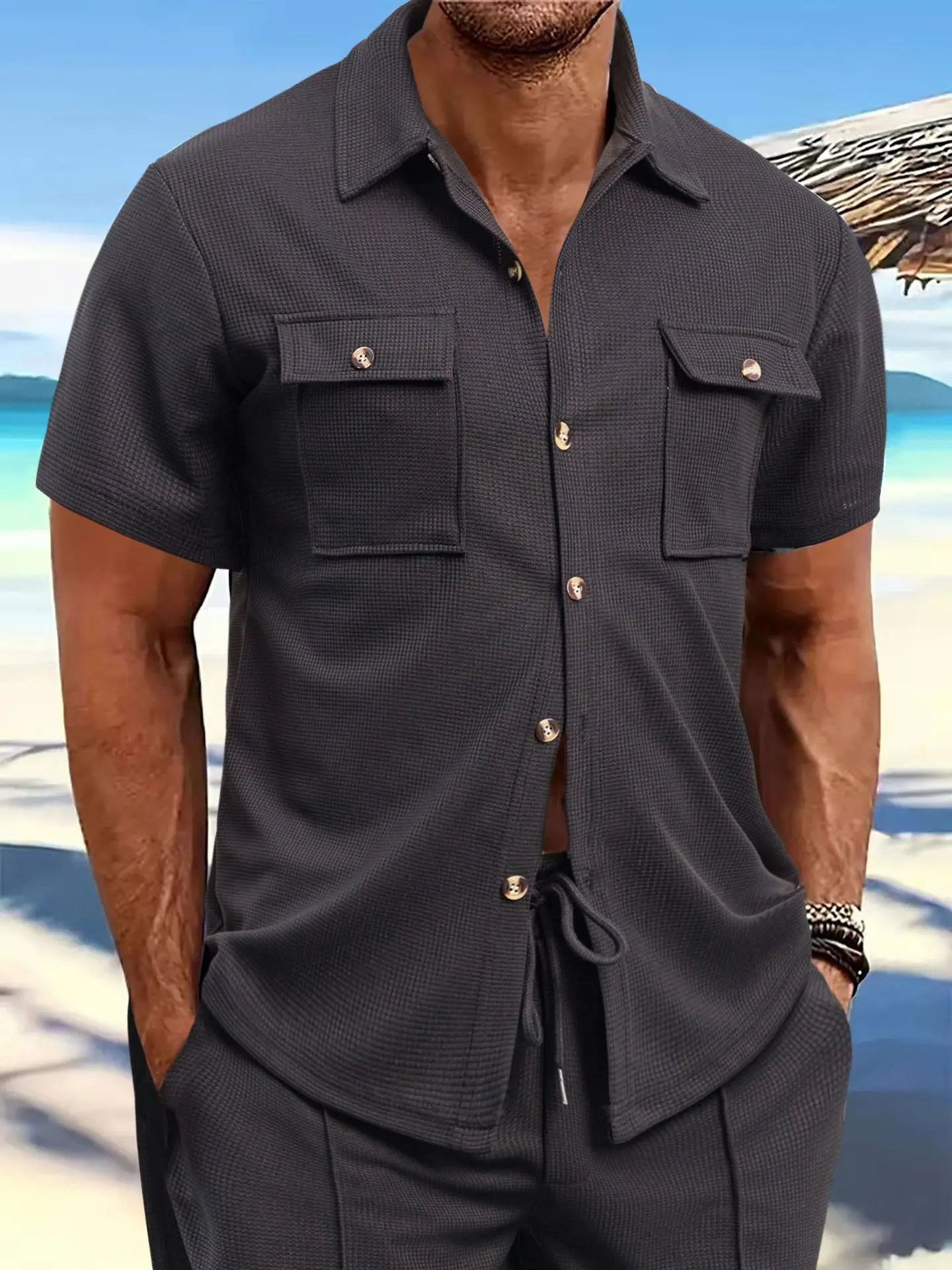 Summer Men's Waffle short-sleeved loose shirt Casual solid color lapel button pocket Stylish All-match comfortable shirt top