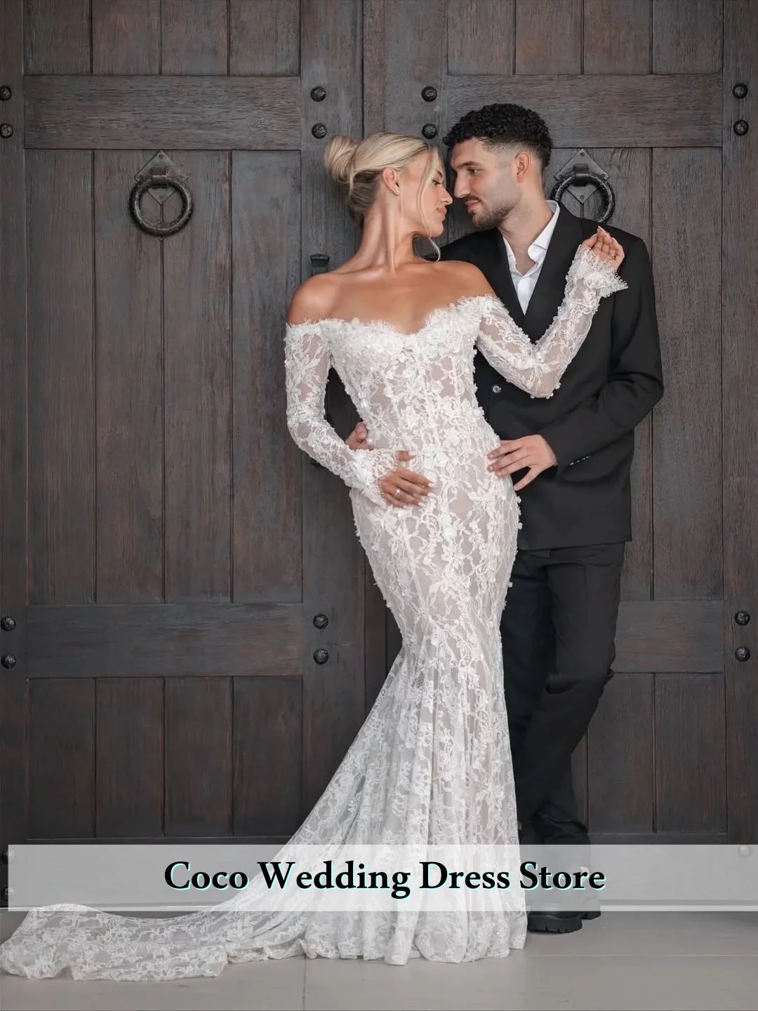 Customized Elegant Sexy Off The Shoulder Mermaid Wedding Dress Lace Long Sleeve Beading Boho Bridal Dresses Vestidos De Novia