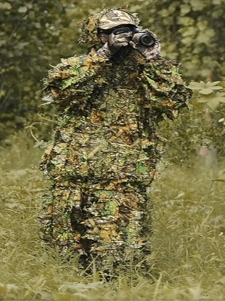 Breathable Polyester 3D Maple Leaves Bionic Camouflage Hunting Suit Ghillie Suit Photography Bird-Watching Suit Training Clothes