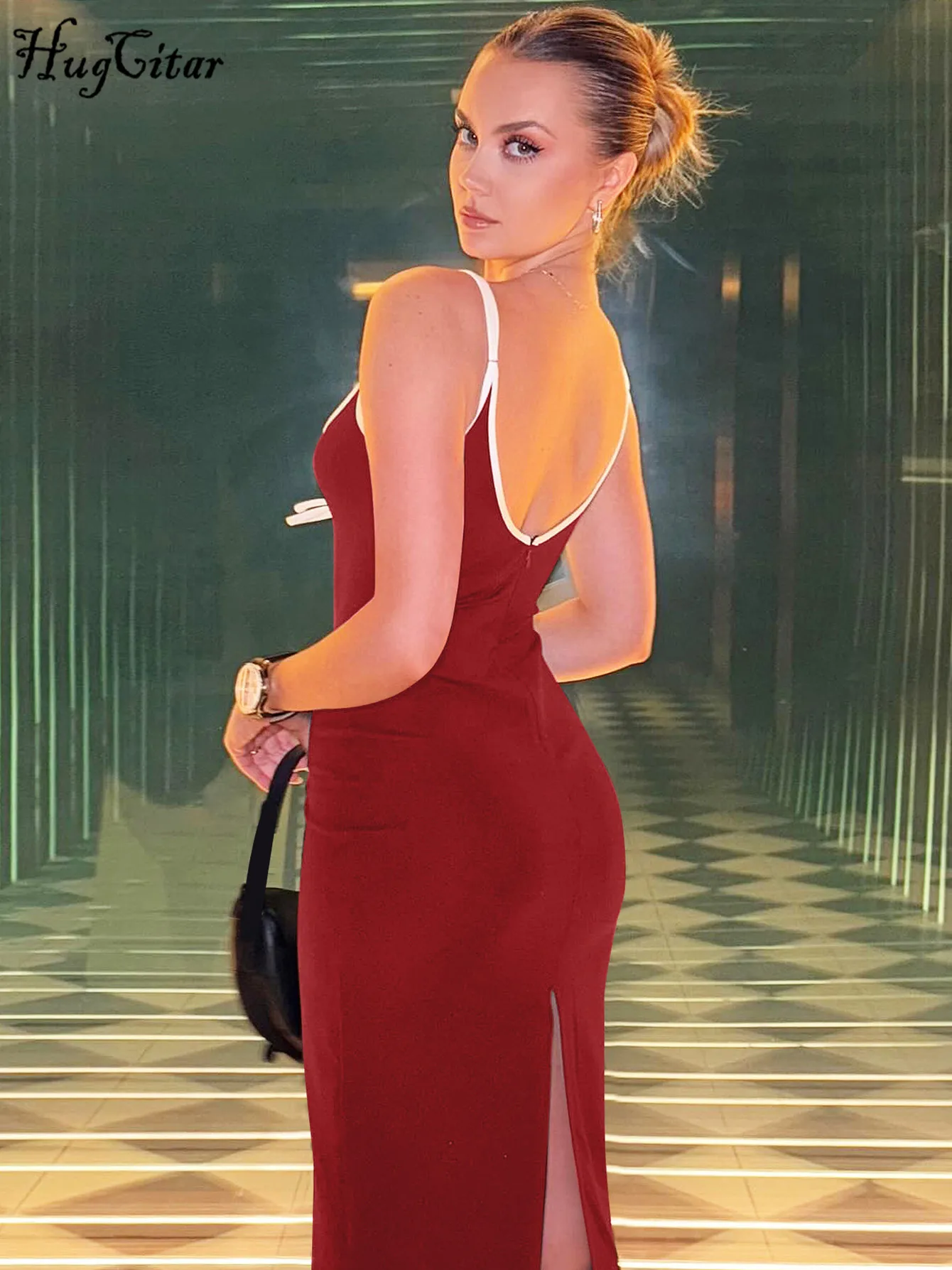 Hugcitar 2025 femmes élégant couleur bloc col en V glisse à lacets fente Sexy mince Maxi robe de bal vêtements d'été fête vacances Club