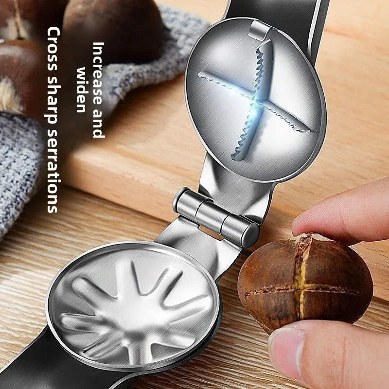 Chestnut Opener, Stainless Steel –Portable & Effortless, Cross Sharp Serrations, Non-Slip Concave Tray,Safe Kitchen Tool