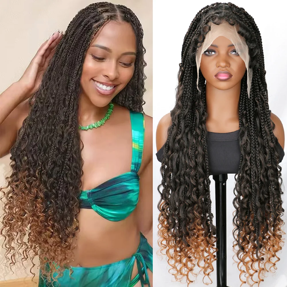 

Синтетические длинные богемные плетеные парики Boho Box Braid Wigs для чернокожих женщин Витые косы Полные кружевные плетеные парики с волосами ребенка