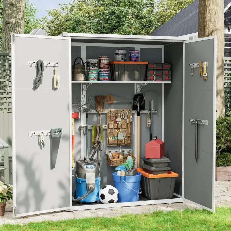 Grey 38 Cu. Ft. Outdoor Storage Shed with Floor, Plastic Tool Shed featuring Shelving Brackets for Lawn, Garden, and Pool Access