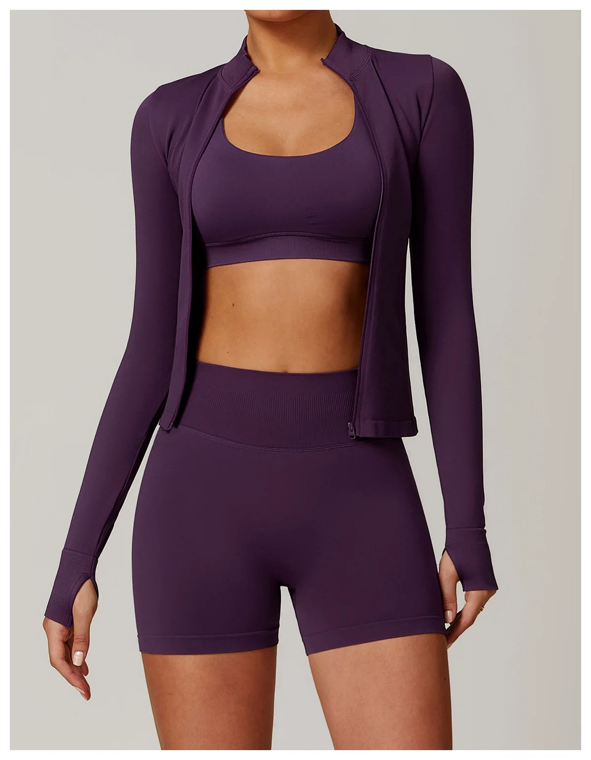 Women's Seamless Long Sleeve Yoga Top Ribbed High Neck Full Zip Slim Fit Sports Jacket Thumb Hole Workout Gym Running Activewear