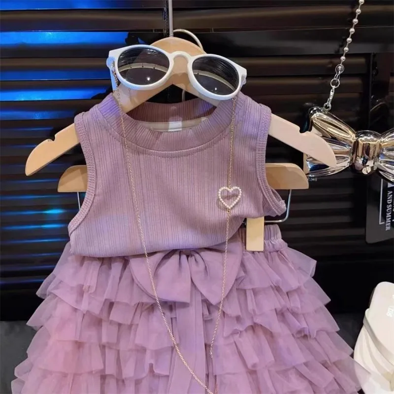 

TOY-Girls' Summer Hot-Selling Outfit2025High-end Purple Vest Top Cake for Baby GirltutuSkirt Two-Piece Set