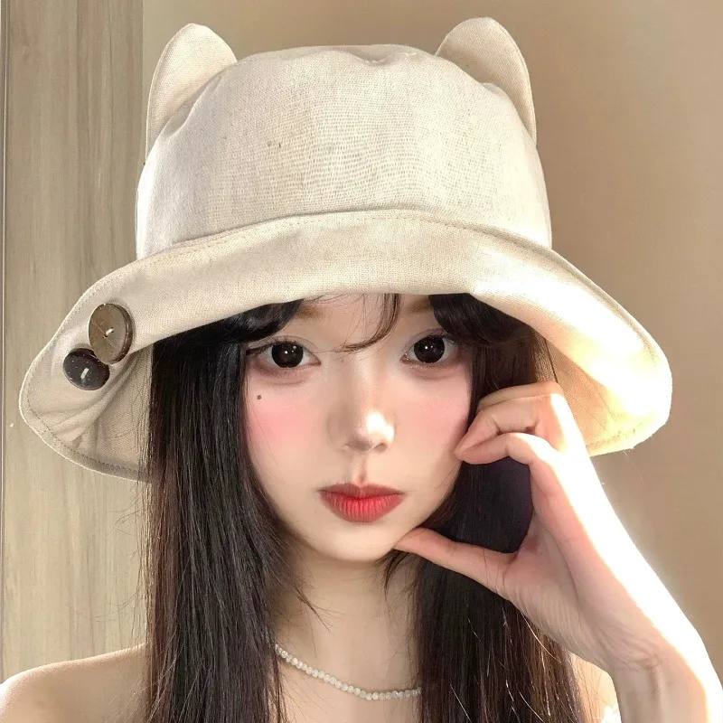 Cute Cat Ears Button Bucket Hats for Women Spring and Summer Travel Sun Protection Versatile Show Face Small Sweet Basin Cap
