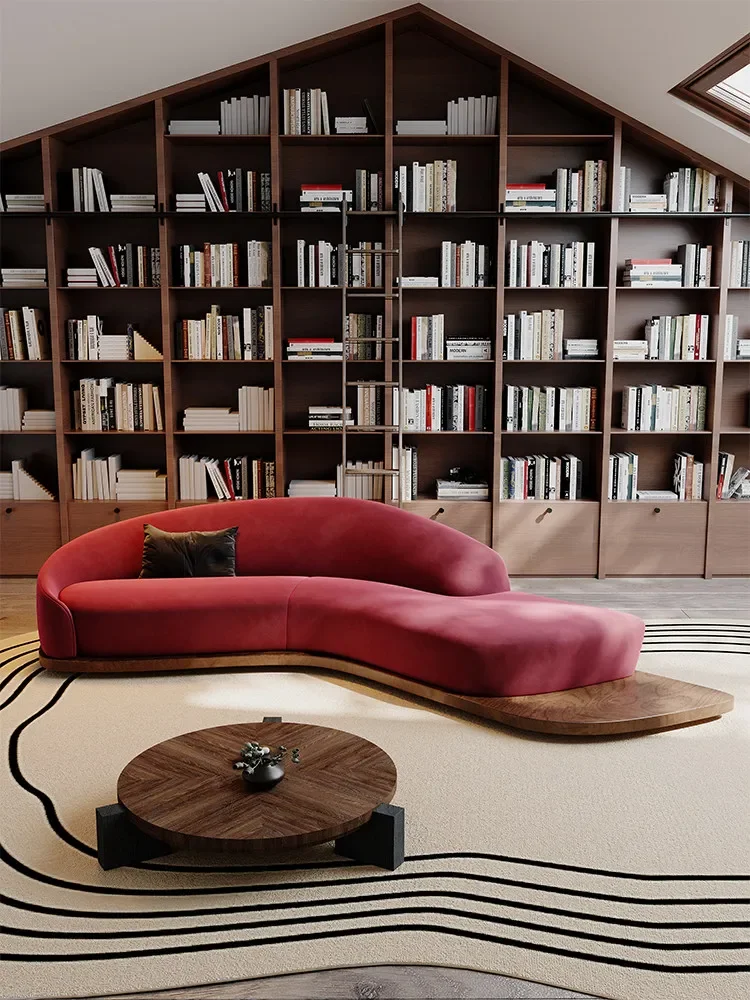 burgundy curved shaped solid wood floor sofa rest area reception living room B&B hotel lobby office