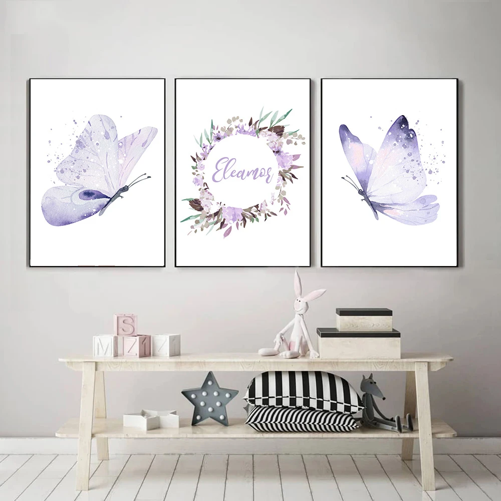 Purple Butterfly Poster Canvas Painting Flower Custom Name Posters And Prints Nursery Wall Art Picture Baby Girl Room Decoration