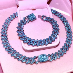 Hip Hop Blue AAA Rhinestone Cuban Link Chain Necklace For Men Women Punk 14MM Prong Cuban Chain Necklaces Rock Party Jewelry