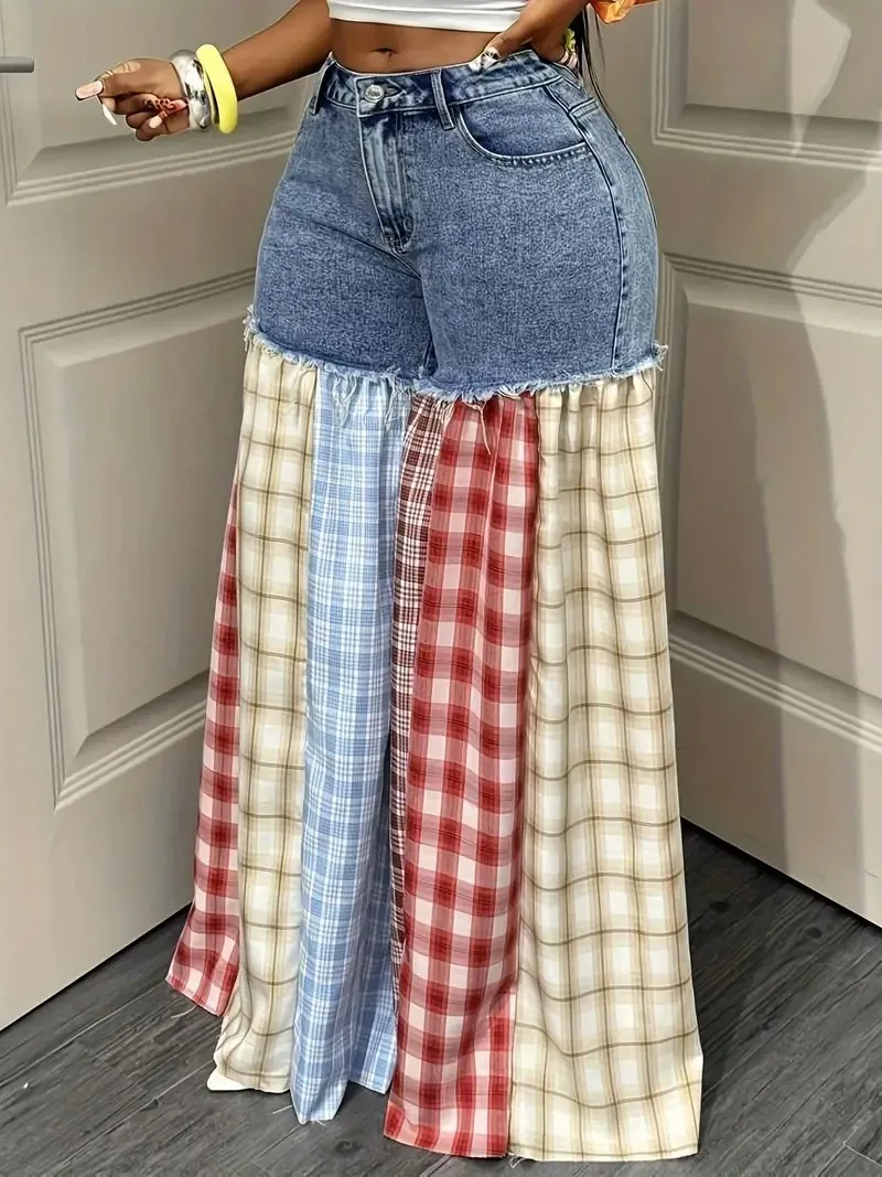 

Женские осенние повседневные широкие свободные джинсы в клетку в стиле пэчворк