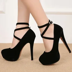 Pumps High Heel Women New Style Flock Fashion Cross Straps 14cm Heel High 4cm Platform Model Nightclub Sexy Plus Size 35-46