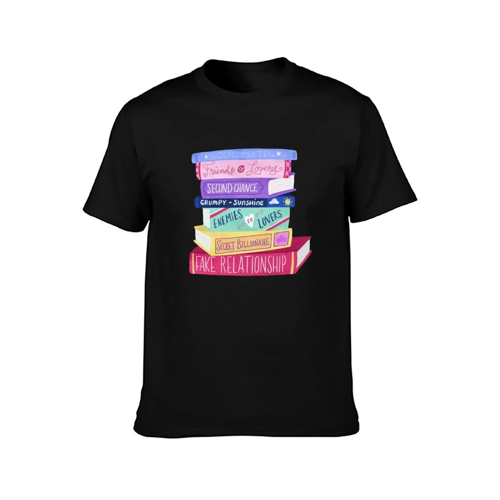 Romance Tropes Book Stack T-Shirt Heavy Duty Casual Work Tee