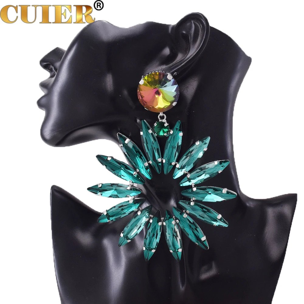 CUIER 12cm Clip on Drag Queen Huge Size Earring Jewelry Sparking Glass Drill Round Emerald Gemstone Accessories for Women