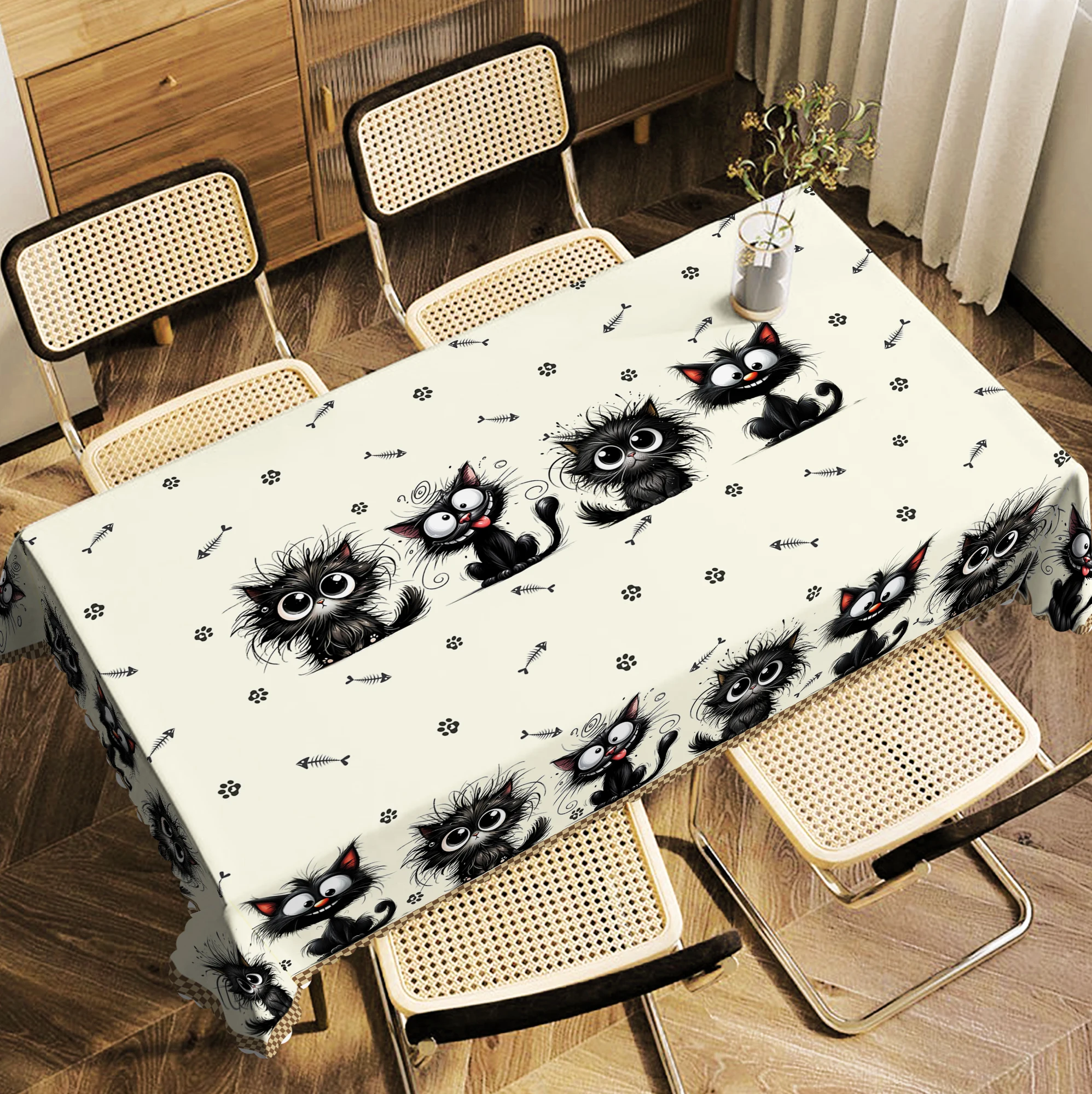 Black Kitten-Themed Tablecloth, Featuring Four Cute Black Fluffy Kittens, Scattered Fishbone and Cat Paw Prints, Embossed Edges, Waterproof, Wrinkle-Resistant, Fade-Resistant, Available in Round or Rectangular Shapes, Suitable for Indoor and Outdoor Dining Tables in Spring, Summer, Autumn, and Winter, Ideal for Home, Kitchen, Restaurant, Terrace, Courtyard Use, Buffet Outdoor Parties and Camping, Comes with Self-Adhesive Backing T070