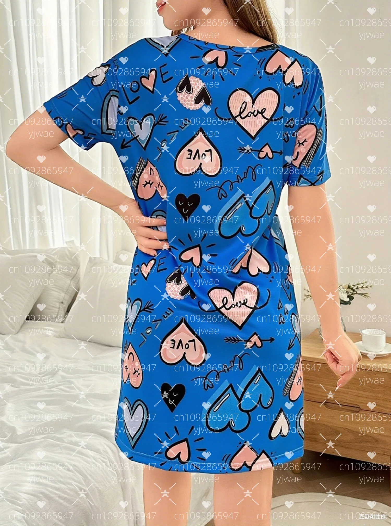 2025 الصيف المرأة الحب إلكتروني نمط تي شيرت فستان فضفاض عادية س الرقبة سيدة قصيرة الأكمام البلوز فساتين النساء الملابس