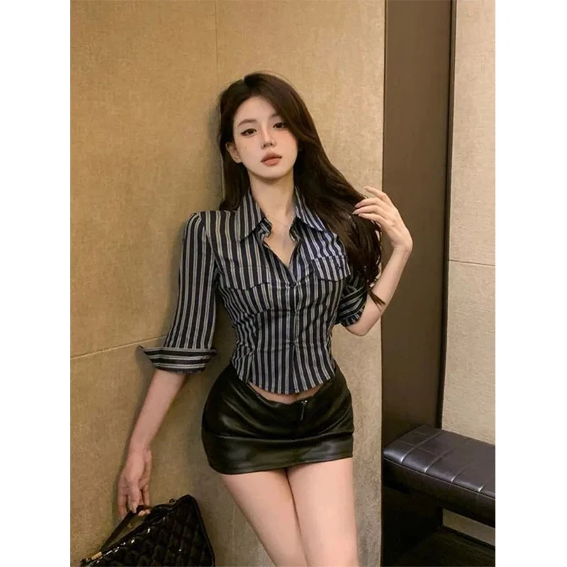 MEXZT Striped Shirts Women Fashion Sexy Gyaru Cropped Blouses Summer Office Ladies Korean Elegant Long Sleeve Design Slim Tops