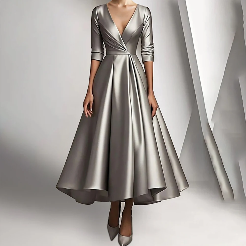 

Evening Dresses V Neck Half Sleeve Prom Dresses 2025 A Line Wedding Party Dress Pleated Ankle Length New In Dresses