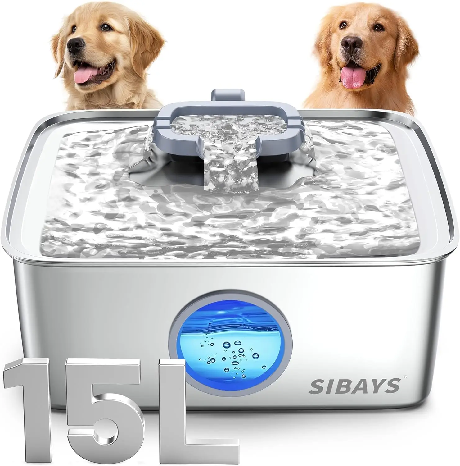 Large 4Gal/15L Stainless Steel Dog Water Fountain with LED Light, Quiet Automatic Dispenser for Multi-Pet Homes, Easy Clean