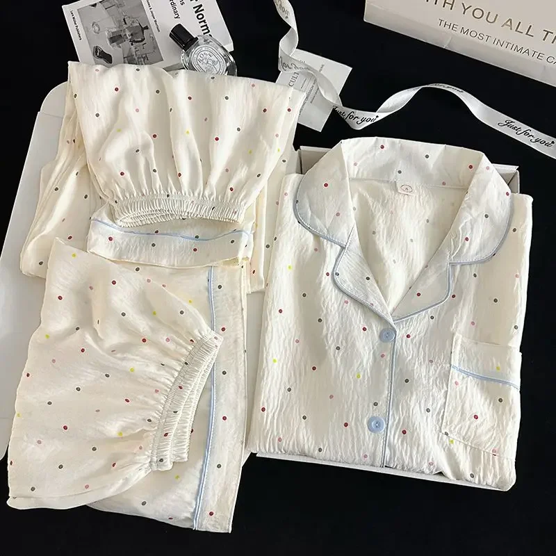 Polka Dot Elegant Women 3PCS Pajama Set Sleepwear Pajama Set Top and Pant with Shorts 3 Piece Set Home Suit Sweet Outfits Y2K image 6