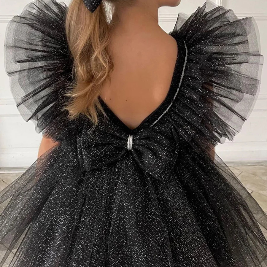 Customized Shiny Black Flower Girl Dress Party Kids Birthday Princess Lace Fluffy Short Tulle Pleat Dresses 2024 Bow Ball Gown