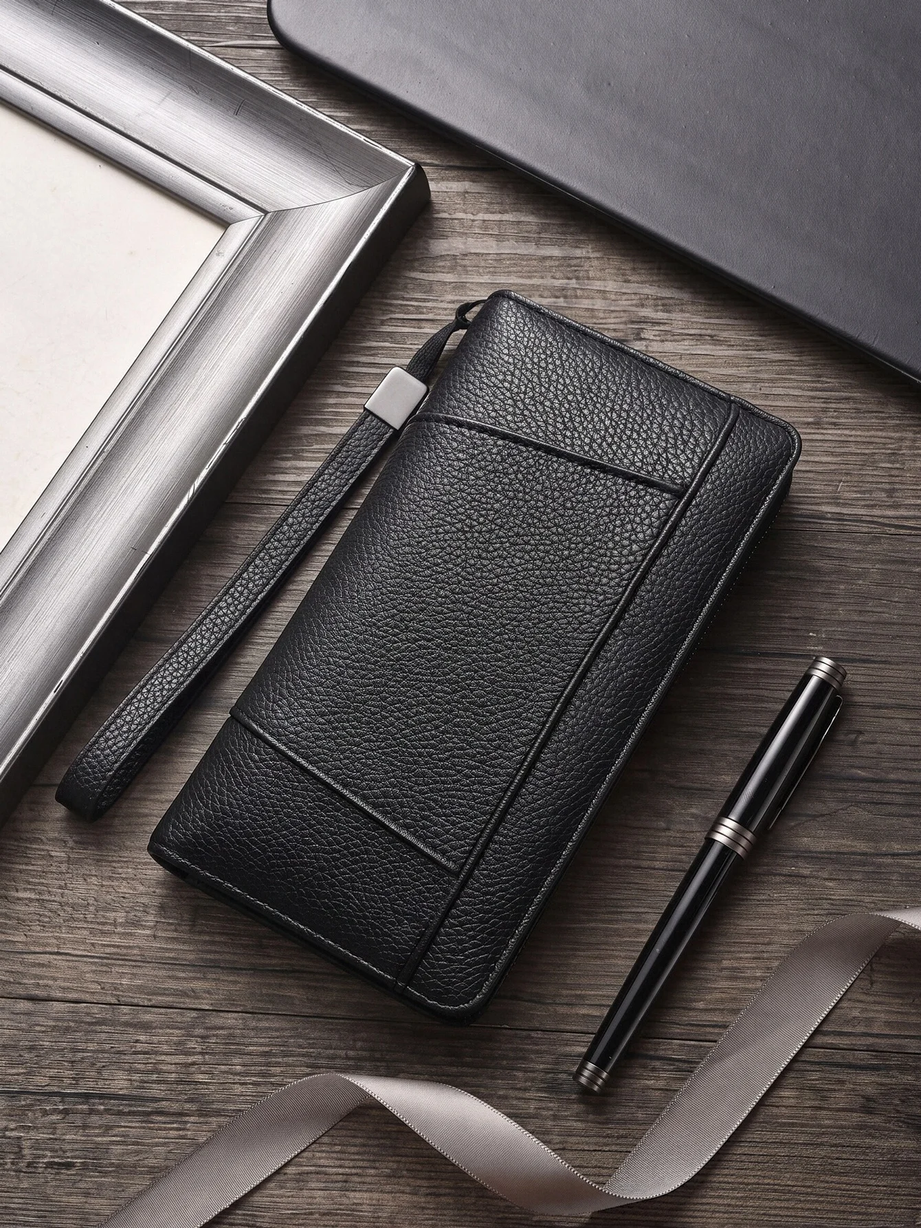 Men's Long Wallet with Wrist Strap, Large Capacity PU Leather Zip Around Clutch Purse, Wave Texture Design, Holds Phone & Cards