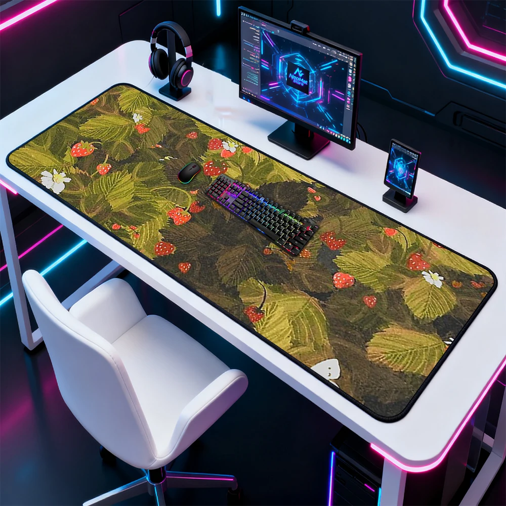 Floral Mouse Mat XXL Gaming 120x60 Mousepad Strawberry Computer Garden Desk Accessories Deskmat Soft Washable Durable