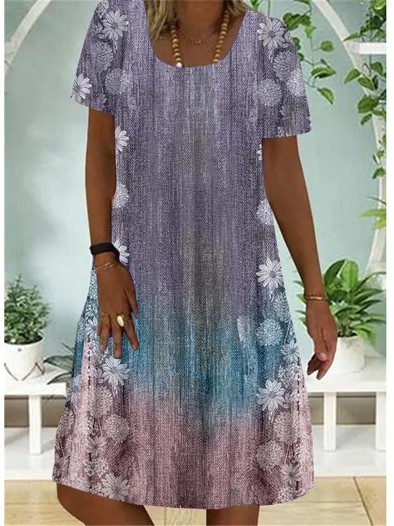 

Plus Size Women Casual Short Sleeve Scoop Neck Floral Printed Gradient Midi Dress