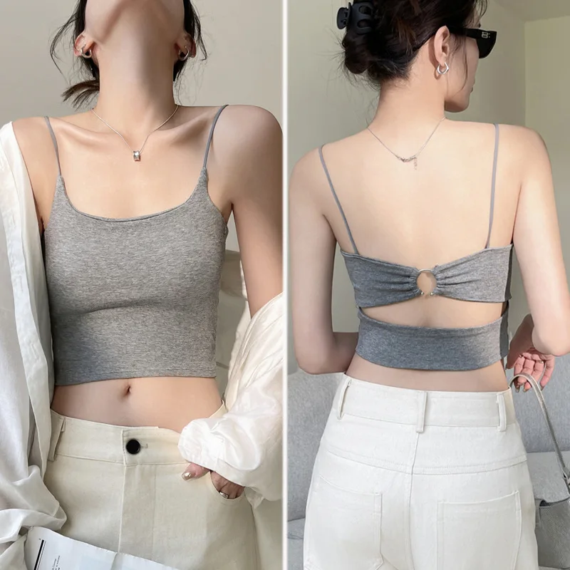 

Beautiful back with chest pad integrated fixed cup, small suspender women's bottom vest, short design top in spring and summer