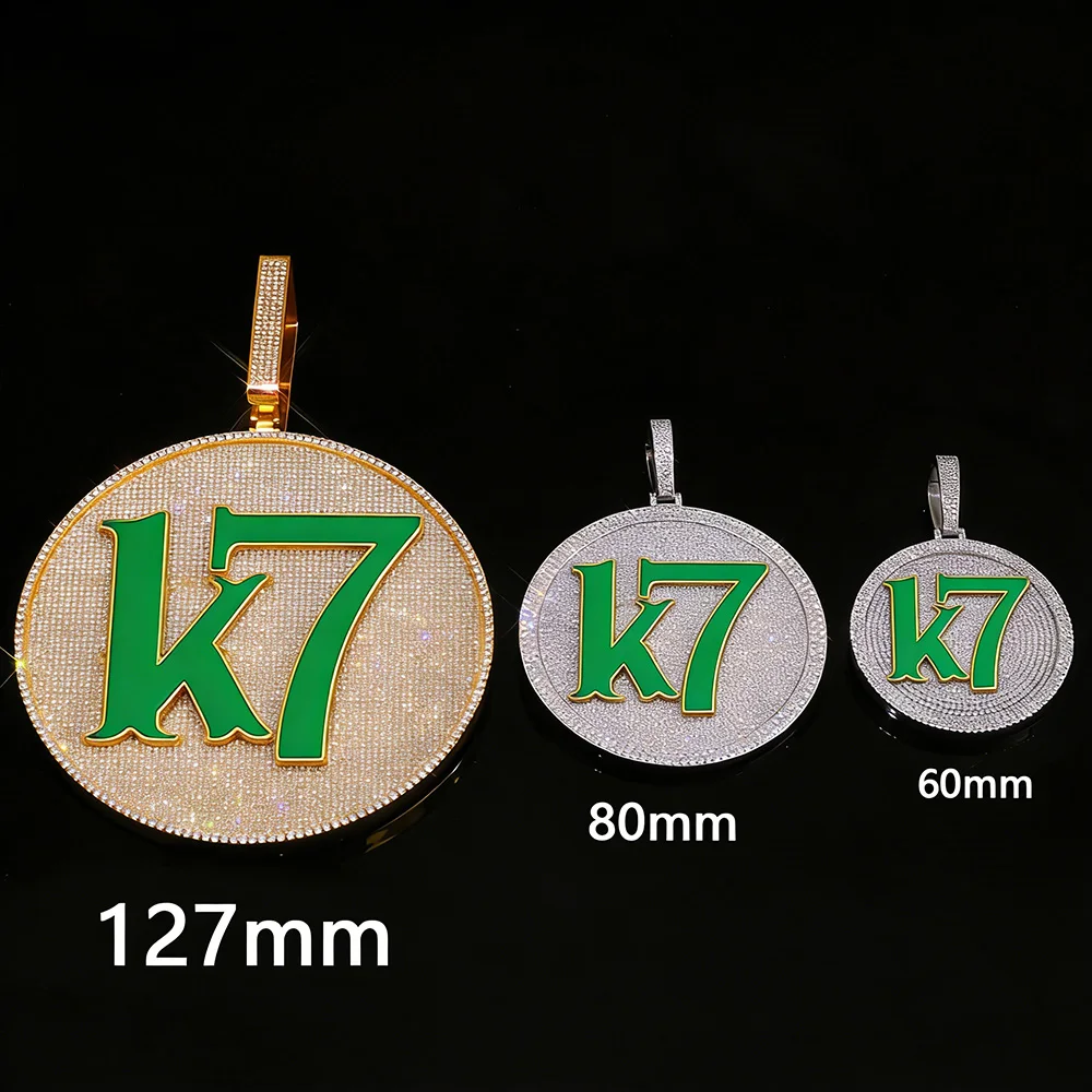 NY Custom Big Round Shape Pendant Green Diamond Letter Iced Out CZ Stone Logo Charms Pendant Hip Hop Jewelry for Men Women