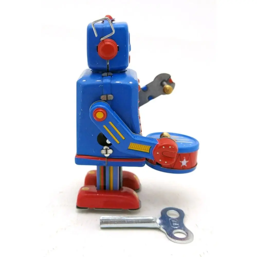 Drumming Robot Wind Up Walking Robot Iron Metal Figures Clockwork Walking Nostalgic Fun Play Vintage Mechanical Clockwork