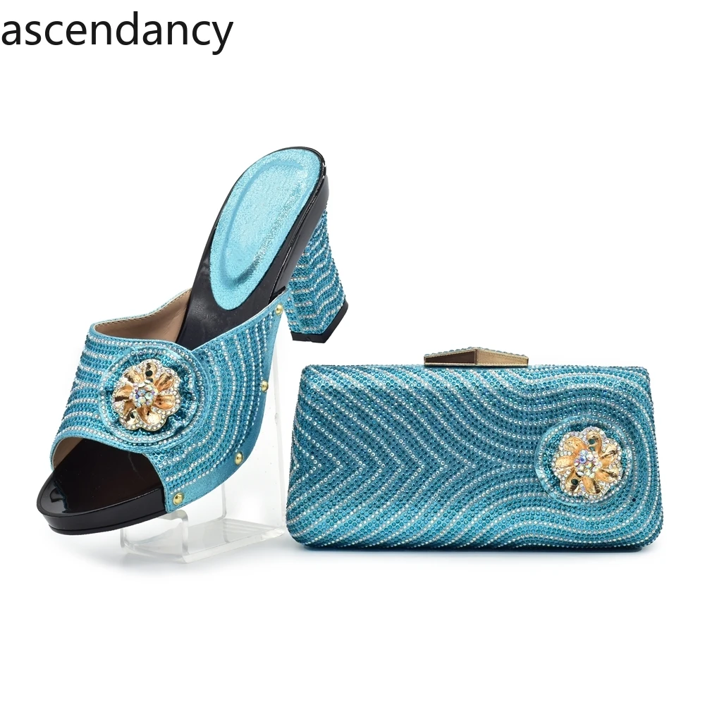 Latest Sky Blue Italian Matching Shoe and Bag Set for Wedding African Women Italian Shoes and Bag Set Party Shoes and Bag Set