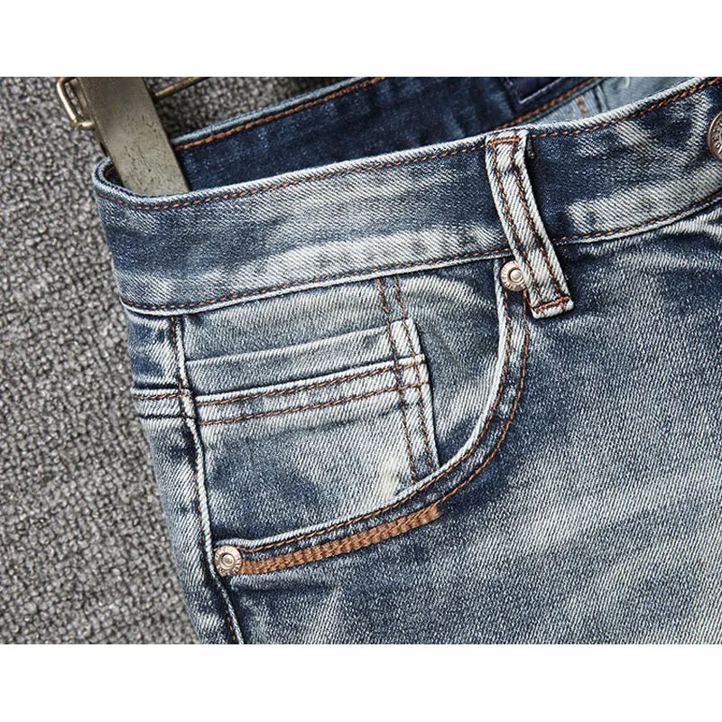 Street Fashion Men Jeans Retro Washed Blue Stretch Slim Fit Vintage Ripped Jeans Men Italian Style Designer Denim Pants Hombre