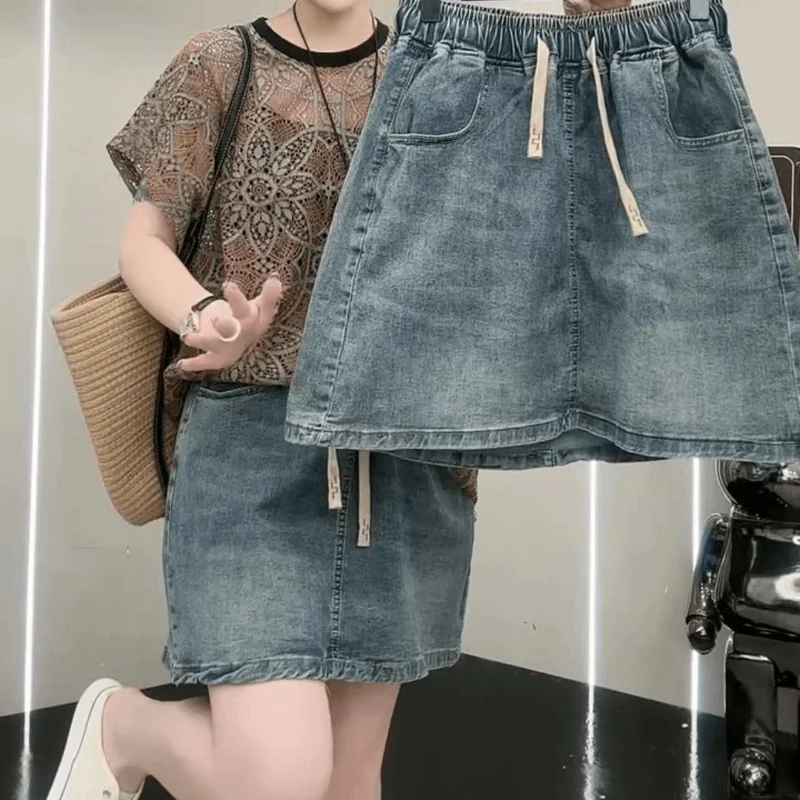 Fashion New Arrival High Waisted Loose Denim Skirt Large Size Waist Slimming Over The Knee Denim Half Skirt for Women