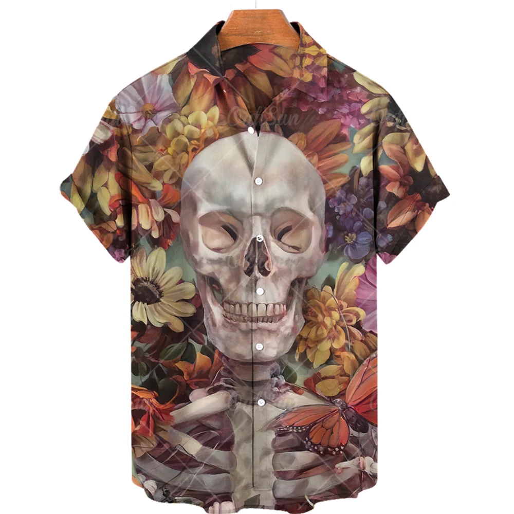 Camisas hawaianas de manga corta con estampado de calavera 3d para hombre, Tops casuales de verano, camisas de playa para hombre, camisa con cuello