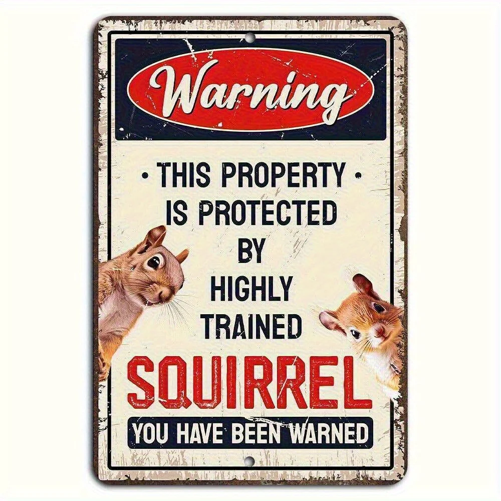 （2D Tin painting）2D Flat Humorous Squirrel Alert Sign Durable Metal Wall Decor for Home Garden, Perfect for Outdoor Use