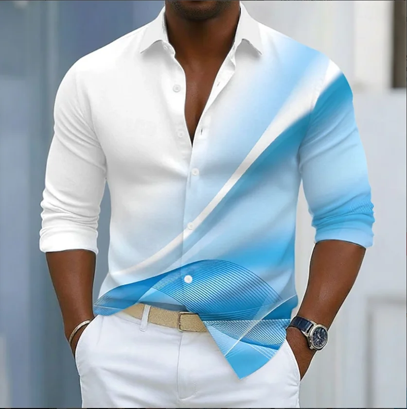 New blue and white gradient geometric lines men's long sleeved shirt, light luxury slim fit commuting casual shirt