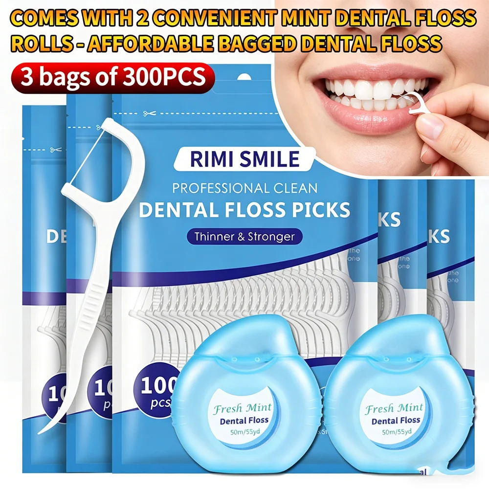 

3 упаковки по 300 шт. одноразовых зубных нитей-флоссеров + 2 рулона мятной зубной нити | Межзубная щетка для ежедневного использования, средство для гигиены полости рта