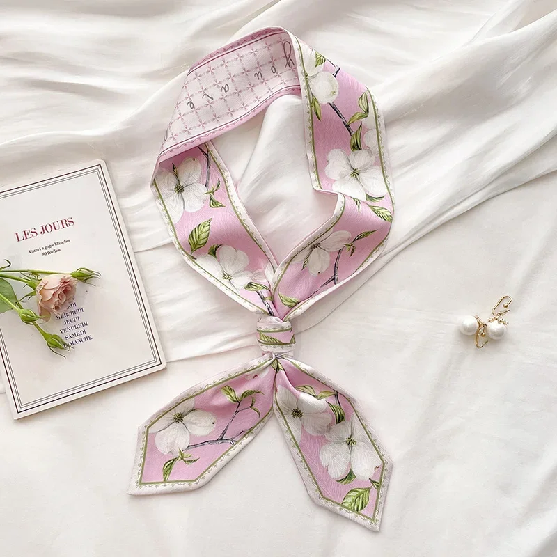 NEW Original Design Flowers Printing Satin Silk Long Scarf For Women Neckerchief Top Quality Bags Scarfs Hair Ribbons image 5