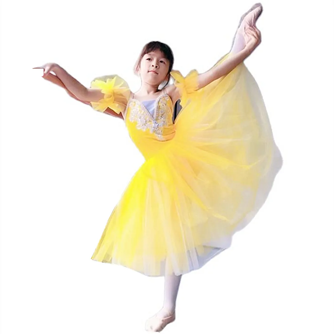 Vestido profissional de bailarina para meninas, tutu amarelo de balé, tule longo infantil, tutus romântico rosa suave, vestido azul de dança