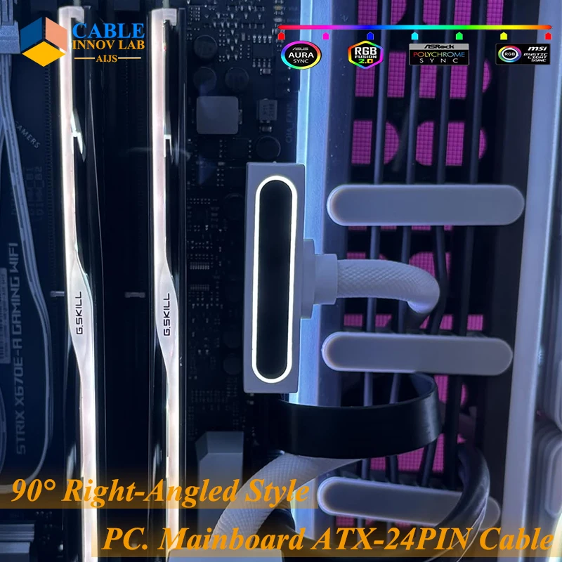 

White Style ATX 24PIN Extension Cable For Computer Mainboard PSU Power Right Angle Extension Cable With ARGB