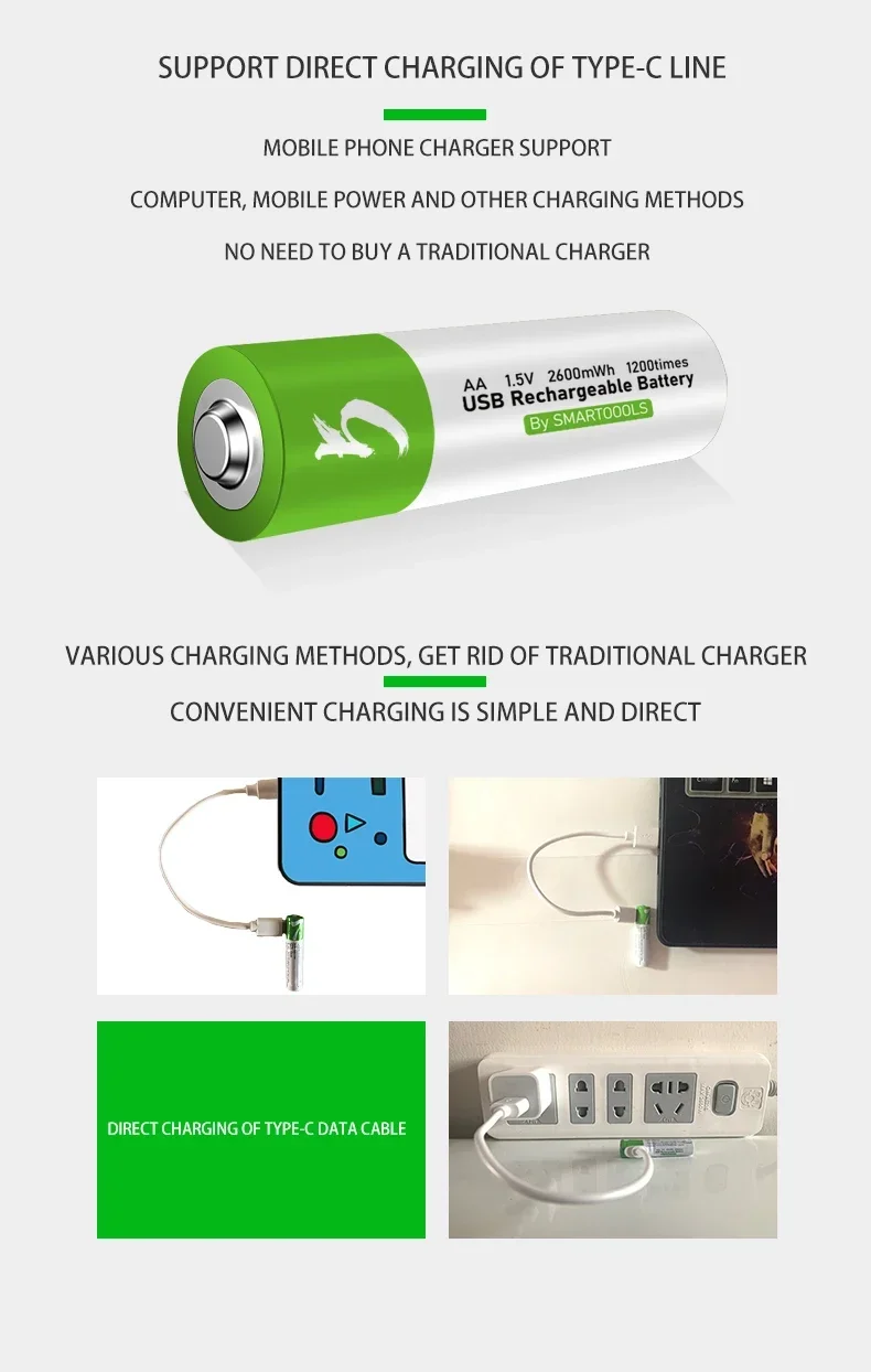 AA+AAA battery fast charging USB 1.5 V AA 2600mWh toy watch lithium-ion battery MP3 player thermometer+C-type cable