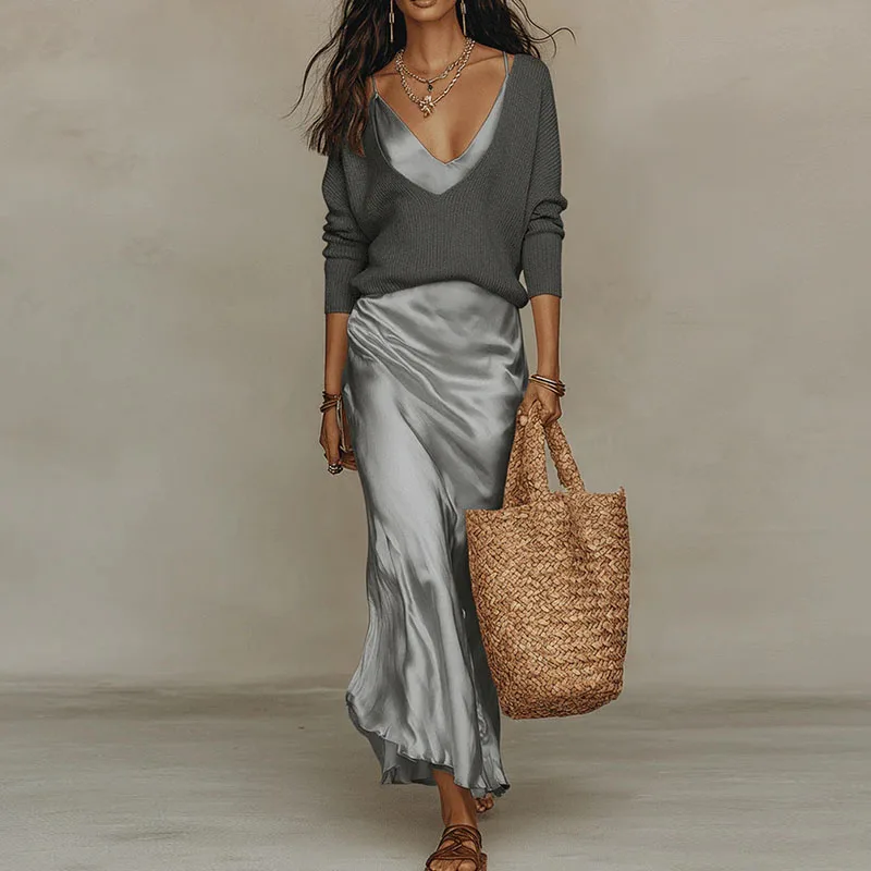 Elegant V Neck Slim Office Two Piece Sets 2026 Spring Long Sleeve Loose Knit Sweater Outfit Summer Sleeveless Satin Women's Suit view 5
