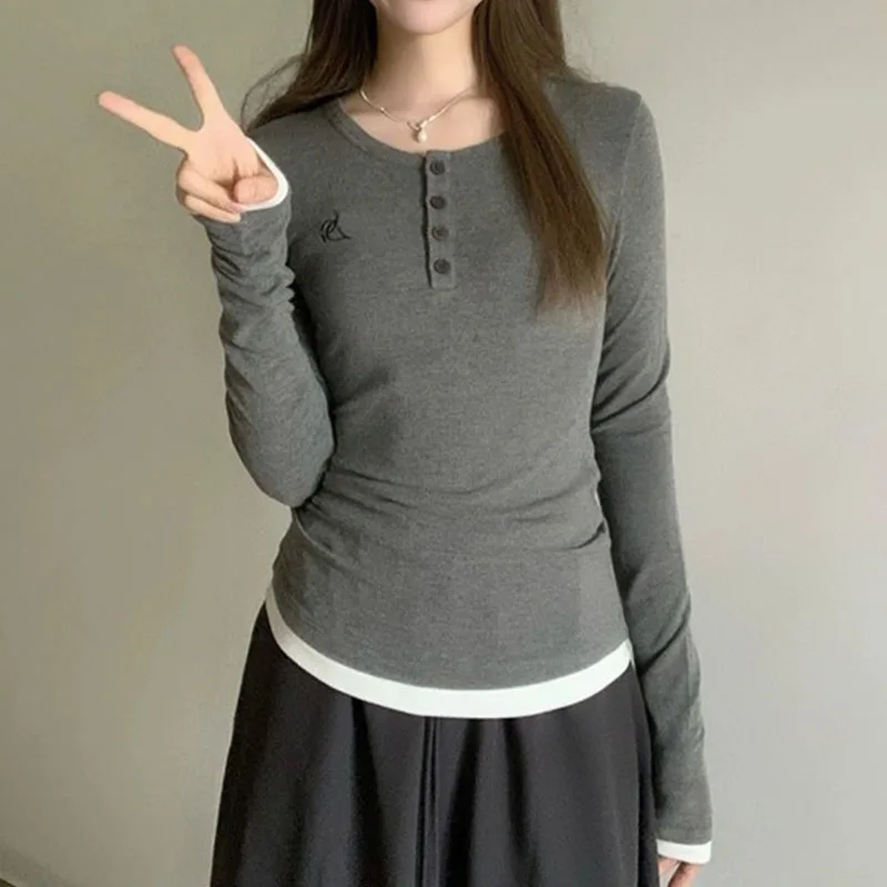 Hot Girl Design T-shirt Women's Autumn INS Pure Lust Style Right Shoulder Long-sleeved Slim Top