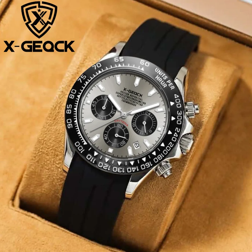 

X-GEOCK Men's Automatic Mechanical Watch 3 Eyes Chronograph 30M Waterproof Luminous Silicone Strap Sports Business Wristwatch