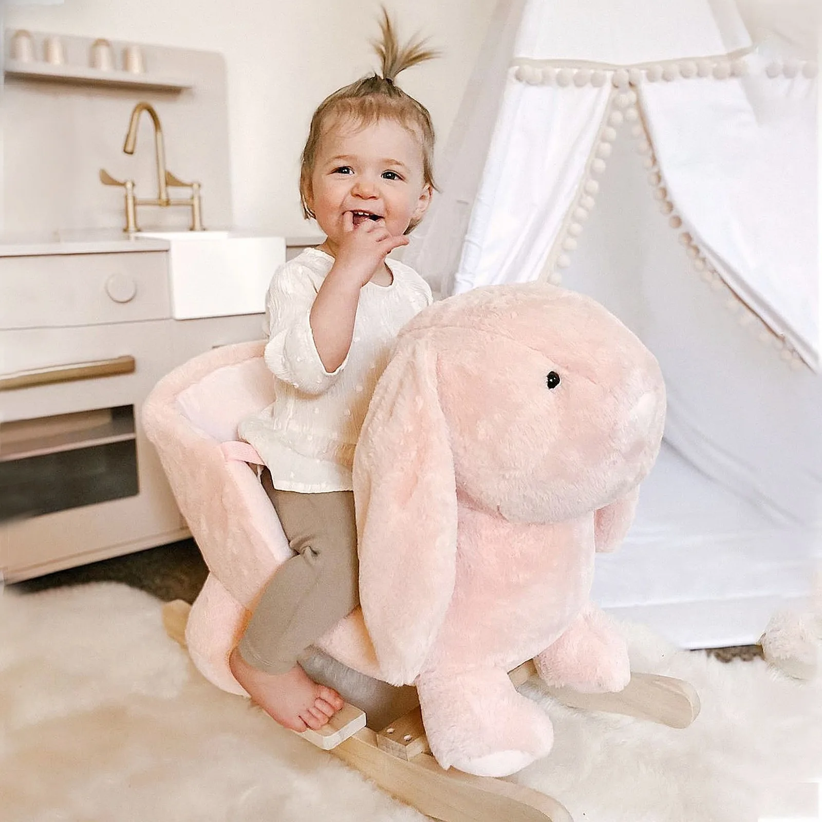 Rabbit Wooden Rocking Horse with Simulated Sound, Wooden Base, Seat Belt