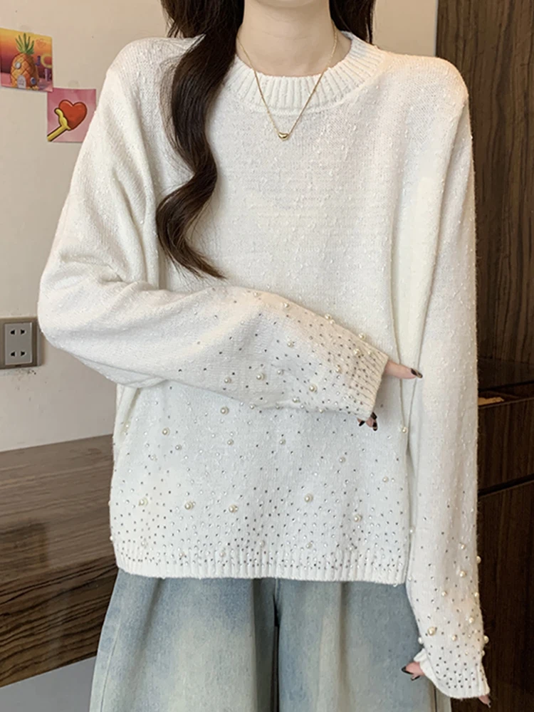 

Женский свитер оверсайз с круглым вырезом, белый, вязаный, осенне-зимний, новинка, с жемчужным декором, премиум-класса