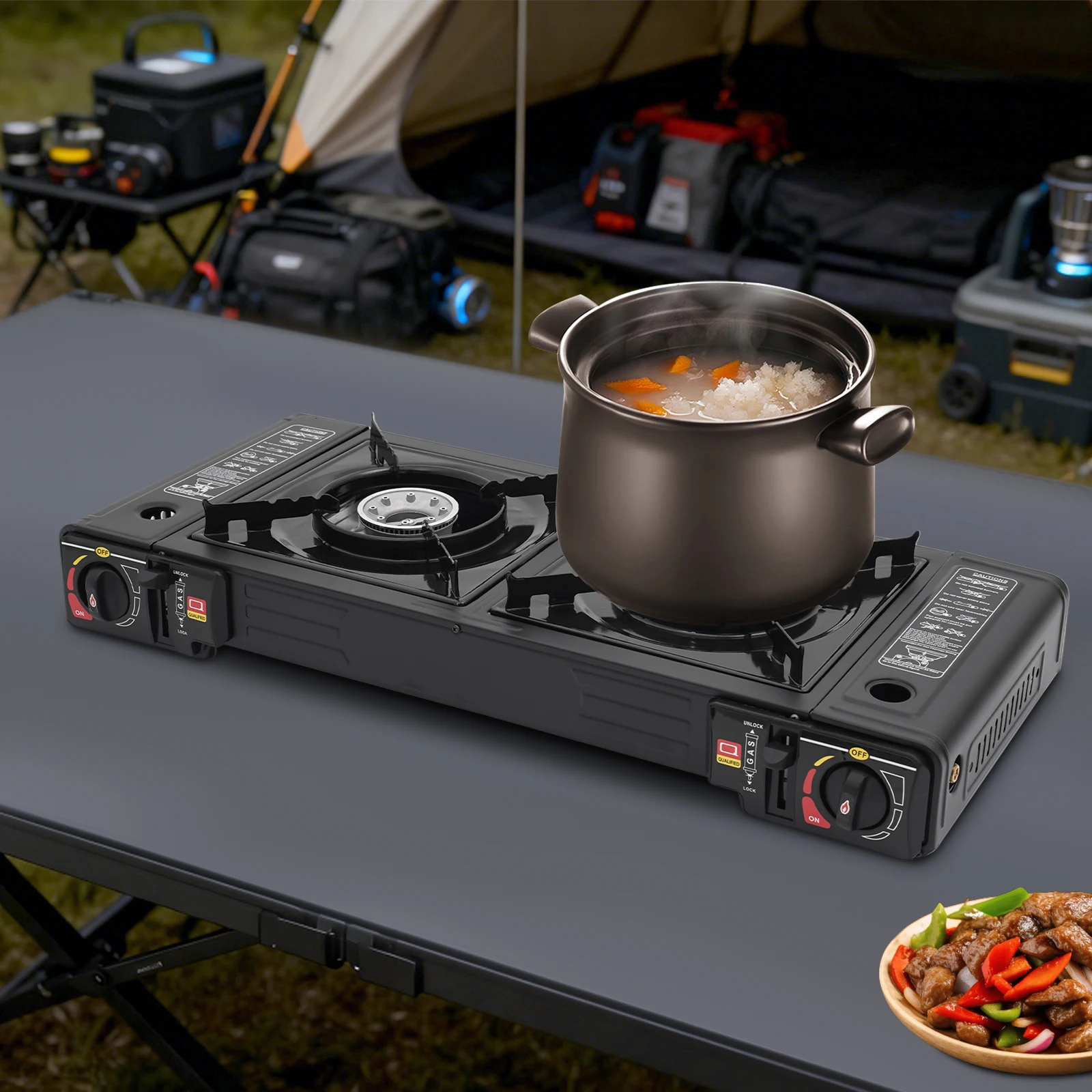 Doppelkopf-Grill-Gasherd, 63 x 26 x 12 cm, mit Handbox, Campingkocher mit Backblech und tragbarem Koffer zum Kochen im Freien usw – Detail 9