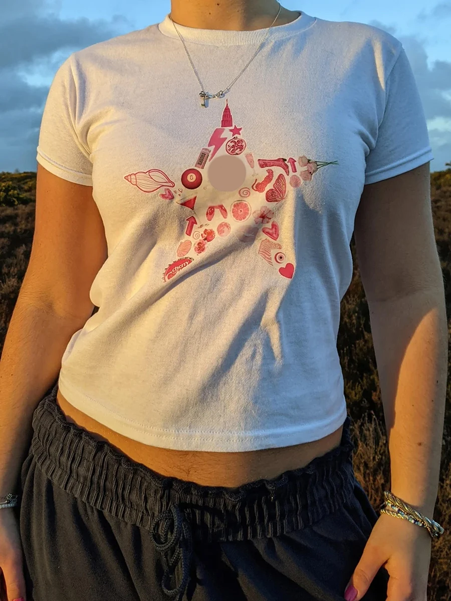 Women's Summer Slim Cropped Tops Floral/Star Print Short Sleeve Round-Neck Show Navel T-Shirts Teen Girls Casual Tee Y2K Grunge
